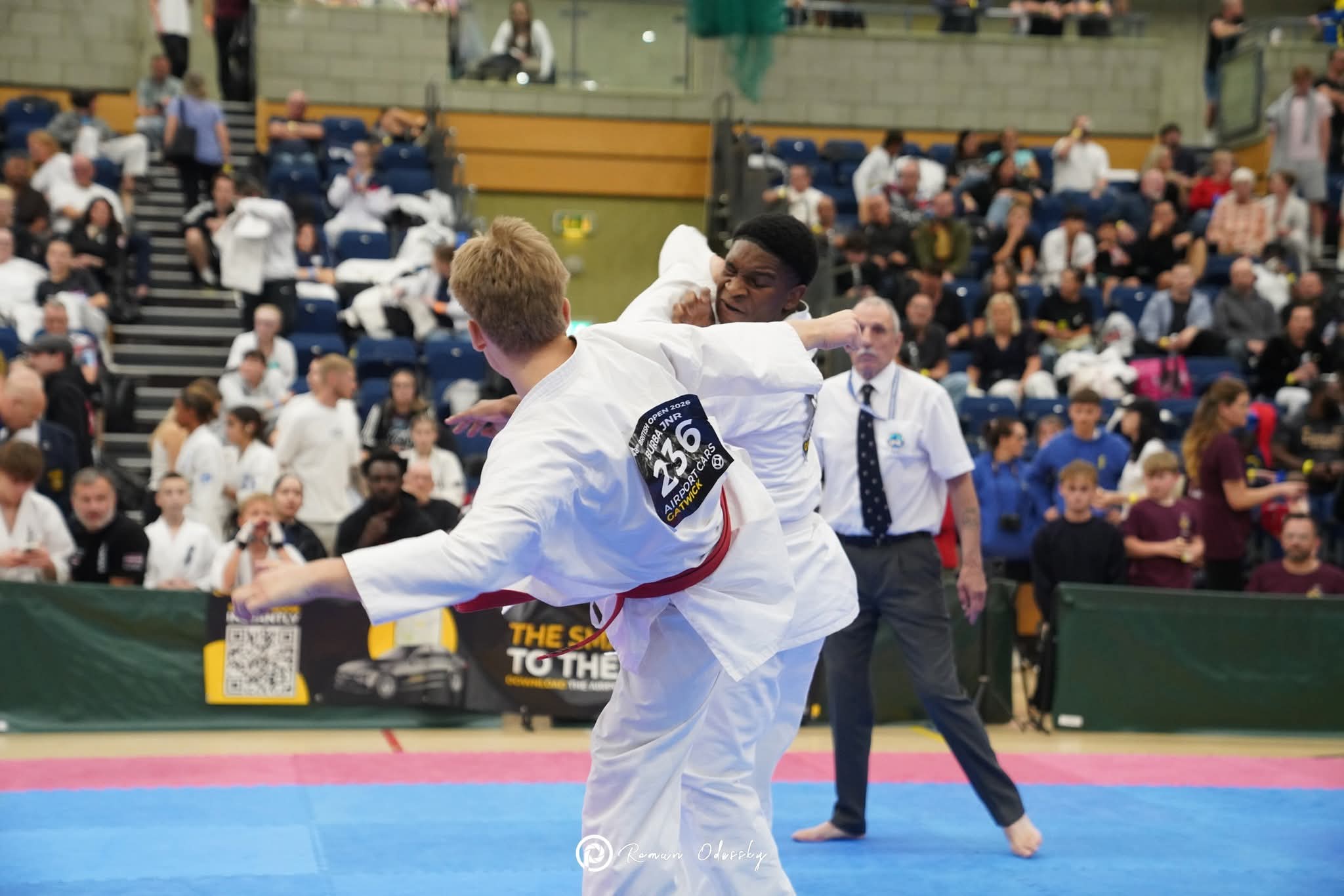 Two karate competitors in action at the British Open